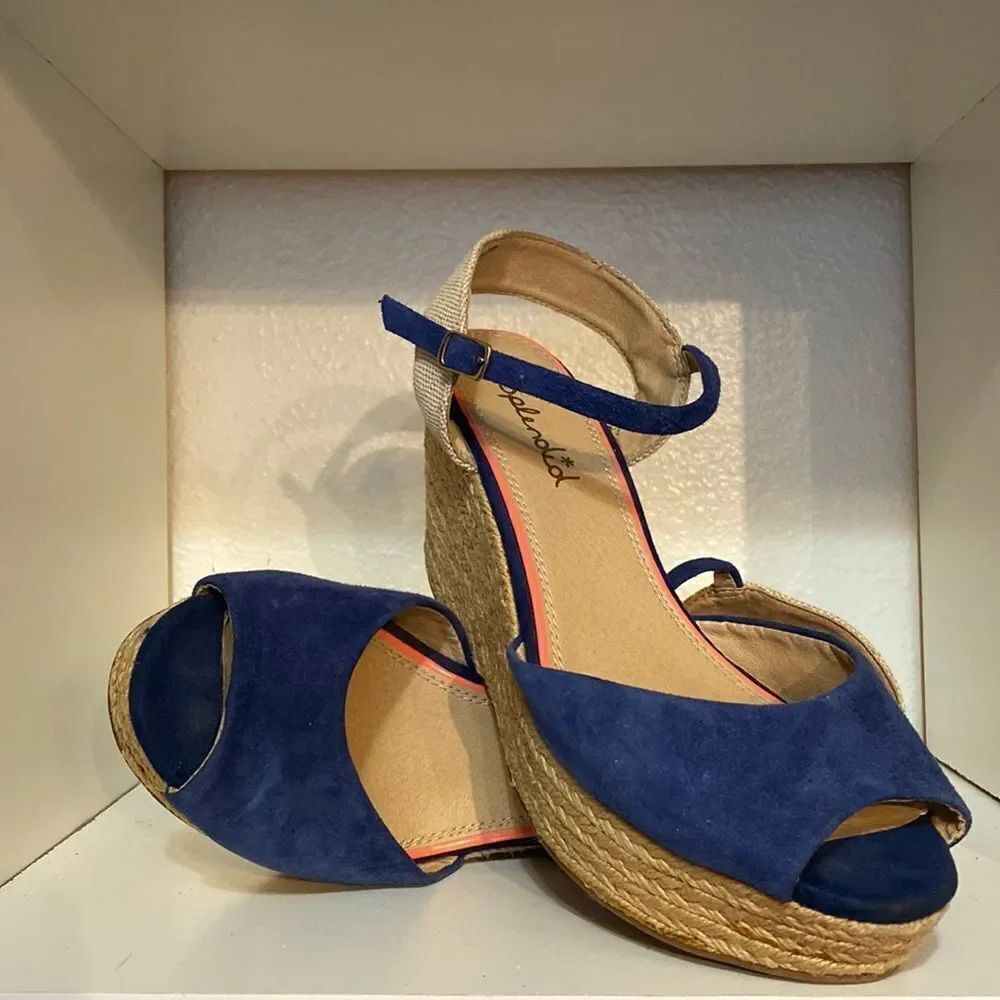 Splendid Blue Suede Espadrille Wedge Sandals Ankle Strap Size 10 Boho Resortwear